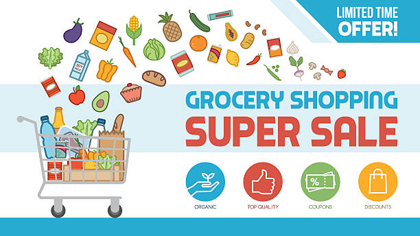 Grocery shopping Grocery discount shopping banner with shopping cart filled with food and products, offers and sales concept fruit cart vendor stock illustrations
