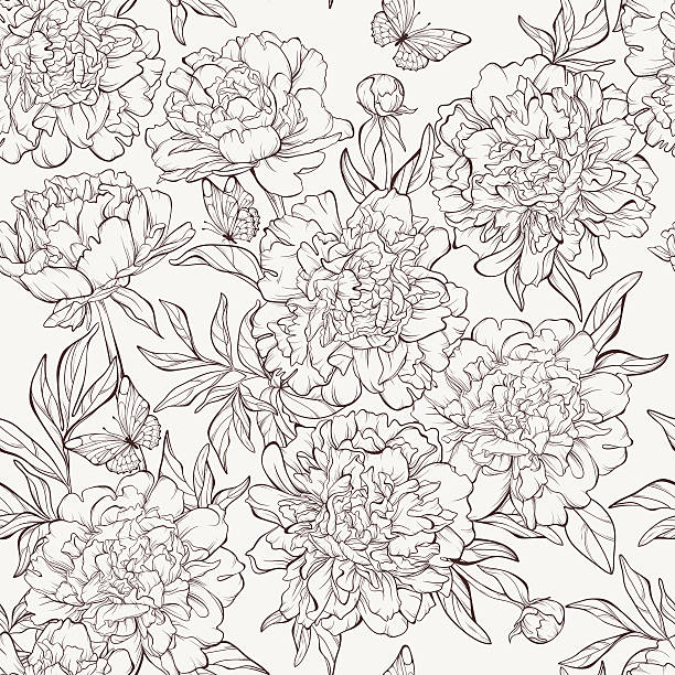 gładki wzór z ręcznie rysowane piwonia kwiaty - chrysanthemum single flower flower pattern stock illustrations
