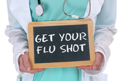 Get your flu shot disease ill illness healthy health doctor nurse with sign