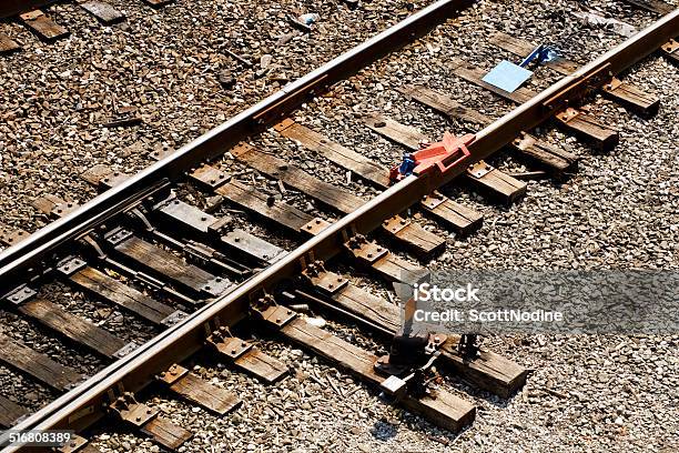 Railroad Turnout Switch Stand And Derailer In A Railyard Stock Photo - Download Image Now