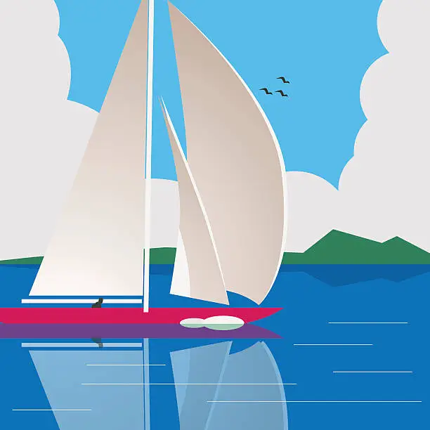 Vector illustration of sailing a yacht on calm water