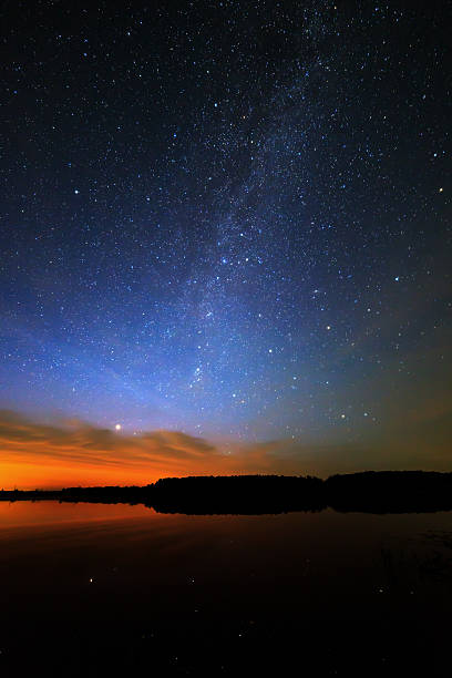 istock Morning dawn on  starry background sky reflected in the water 516814853