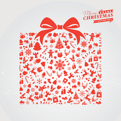 Red Christmas gift box with icons and text. Text and design elements are on different layers, grouped.  Aics3 and Hi-res jpg files are also included.
