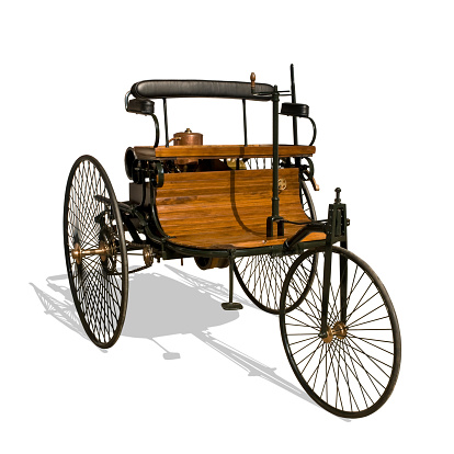 Benz Patent Motor Car, the first automobile, 1885/86. (replica, isolated on white background)