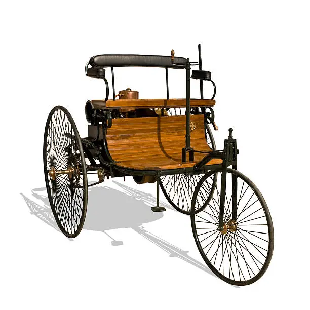 Benz Patent Motor Car, the first automobile, 1885/86. (replica, isolated on white background)