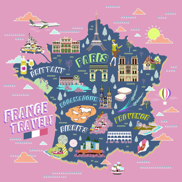 illustrations, cliparts, dessins animés et icônes de france carte de voyage - french culture illustrations