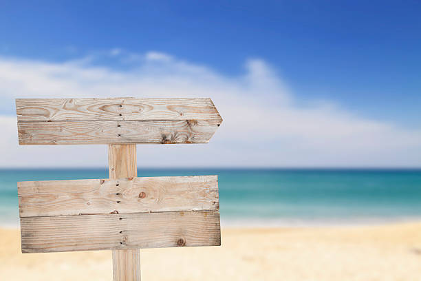 istock wooden signboard on blur beach for summer background. 516817196