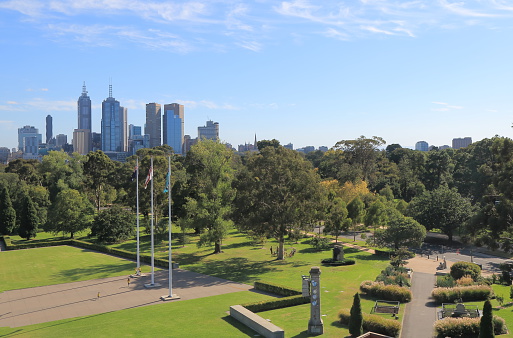Melbourne Cityscape over Royal Botanic Gardens Australia