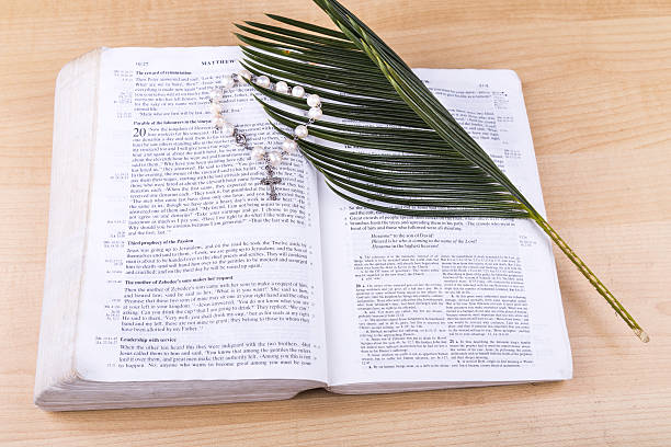 istock Closeup Catholic rosary with crucifix and beads on bible 516842646