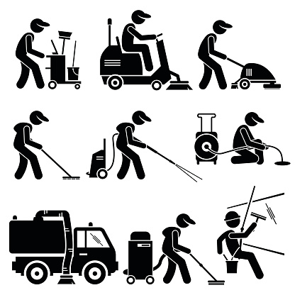 Vector set stick figure man pictogram representing industrial cleaner cleaning commercial building and offices. He is using cleaning cart, sweeper vehicle, vacuum cleaner, jet water, cleaner truck, and wiping skyscraper windows by hanging down.