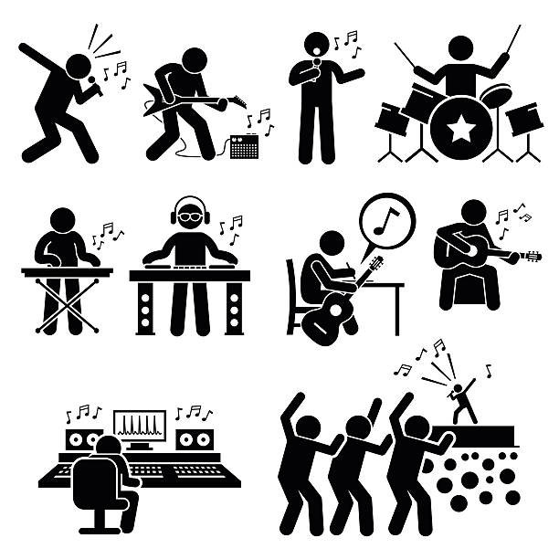 Rock Star Musician Music Artist with Musical Instruments Illustrations Vector set stick figure man pictogram representing rock star band and group. They are singer, guitar player, drummer, playing keyboard, deejay, dj, songwriter, music production room, and audience and fans cheering in a concert. guitar symbols stock illustrations