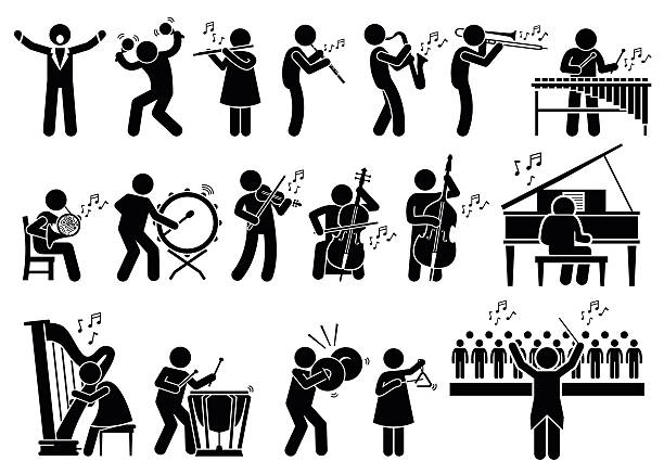 stockillustraties, clipart, cartoons en iconen met orchestra symphony musicians with musical instruments illustrations - toetsenist