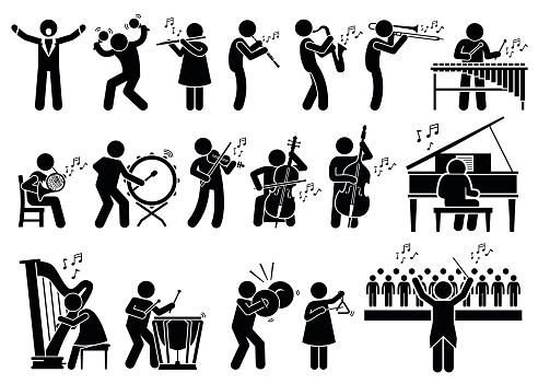 Vector set stick figure man pictogram showing orchestra music player playing musical instrument of violin, cello, drum, piano, timpani, cymbals, maracas, flute, saxophone, trumpet, conductor, harp, oboe, xylophone, viola, double bass, French horn. 