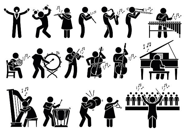 Orchestra Symphony Musicians with Musical Instruments Illustrations Vector set stick figure man pictogram showing orchestra music player playing musical instrument of violin, cello, drum, piano, timpani, cymbals, maracas, flute, saxophone, trumpet, conductor, harp, oboe, xylophone, viola, double bass, French horn.  rattle drum stock illustrations