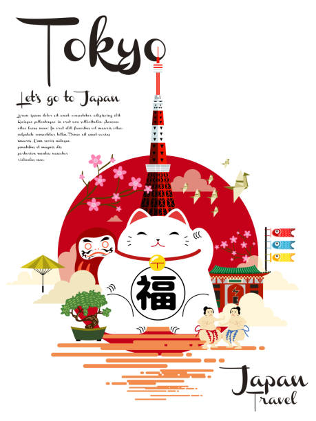 Japan travel poster Japan travel poster with lovely lucky cat and tokyo tower japan sign stock illustrations
