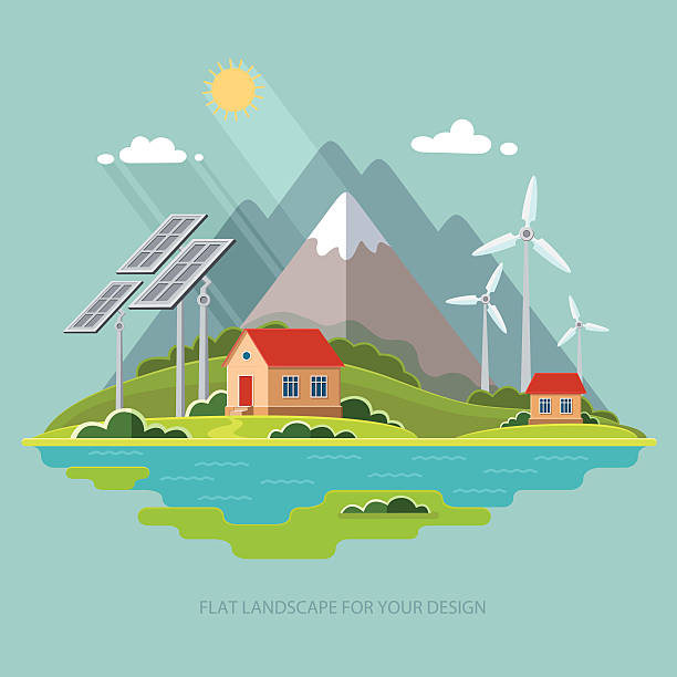 Environmental landscape cottages mountains. Solar and wind energy. Environmental protection Environmental landscape cottages mountains in the background. Solar and wind energy. Environmental protection.  Flat design style vector illustration. river system stock illustrations