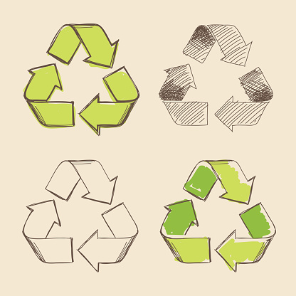 Set of four isolated hand drawing vector recycling symbols.