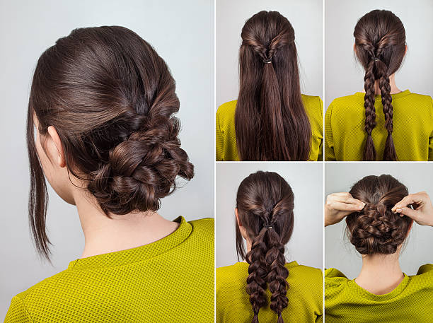 simple hairdo tutorial simple elegant hairdo for long and medium hair tutorial braided buns stock pictures, royalty-free photos & images