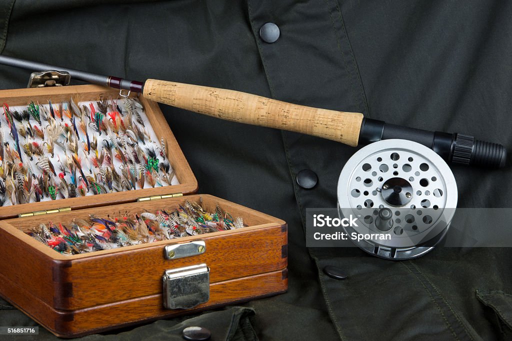 Fly Fishing Equipment And Outdoor Coat Stock Photo - Download Image Now -  Cultures, Enjoyment, Fishing Bait - iStock