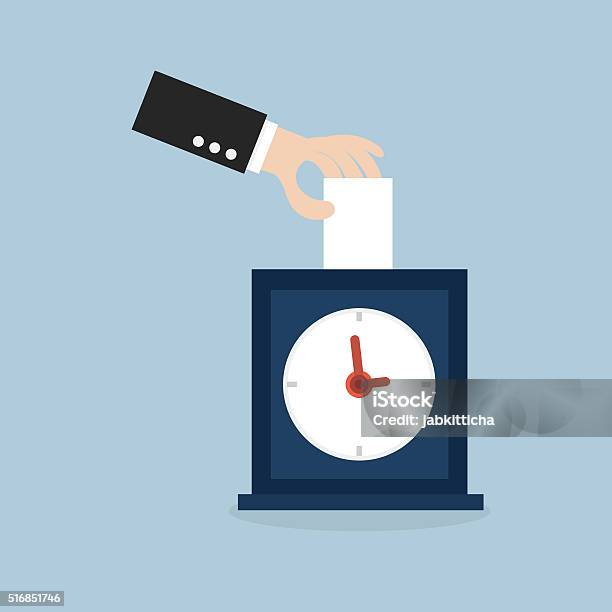 Hand Putting Card In Time Clock Stock Illustration - Download Image Now - Time Card, Clock, Occupation