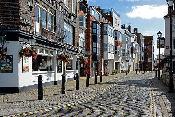 Portsmouth, England - September 25, 2015: Bath Square on Spice Island in Portsmouth, Hampshire, England. With Spice Island Inn and cobbled street.