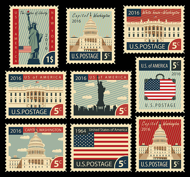 марки с юнайтед государства из америки достопримечательностей - retro revival new york state usa north america stock illustrations