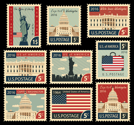 set of stamps with the image of the United States of America architectural landmarks