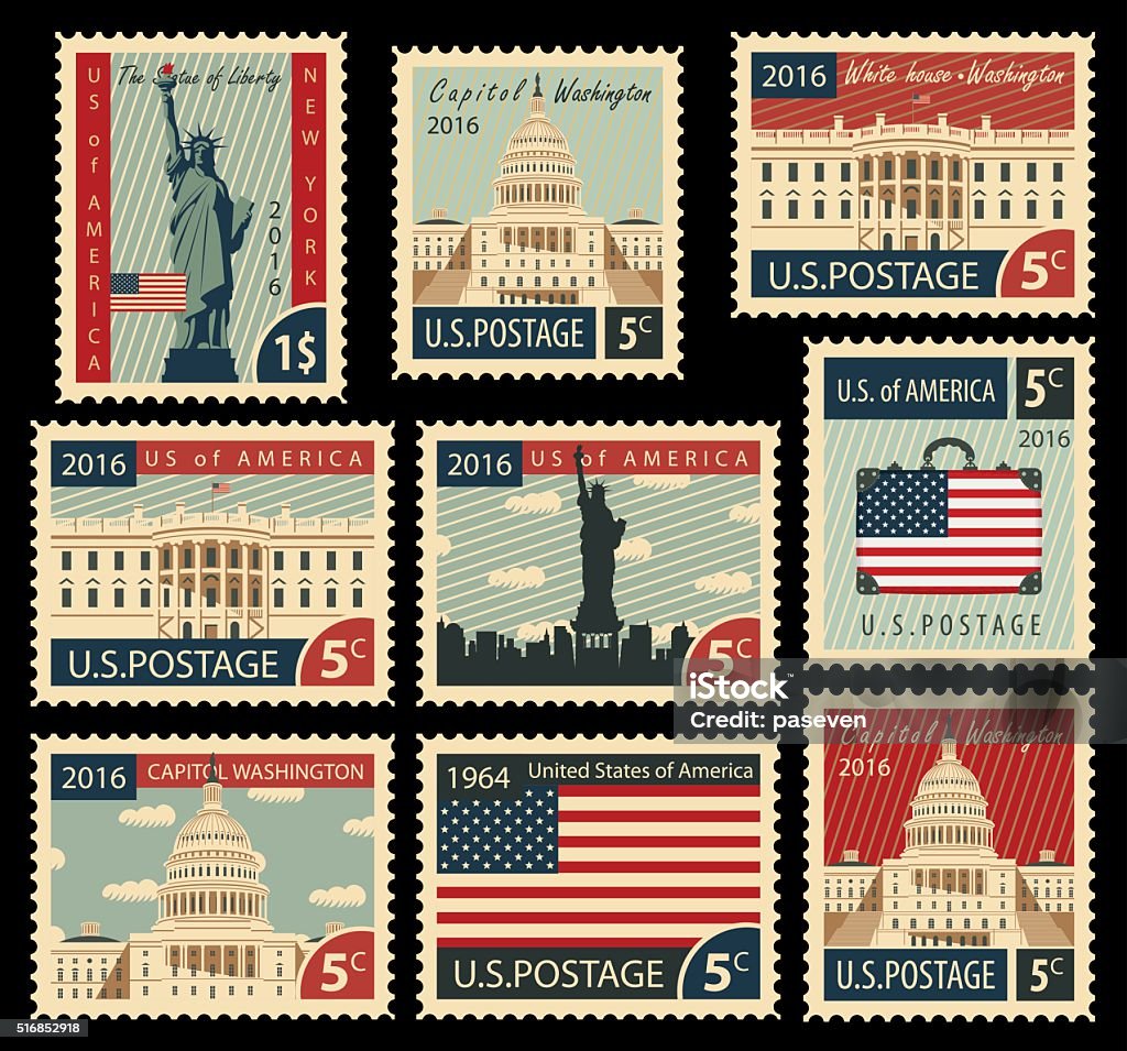 Stamps With United States Of America Landmarks Stock Illustration -  Download Image Now - Postage Stamp, USA, American Culture - iStock
