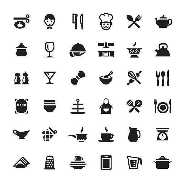 Cooking & Kitchen Utensil vector symbols and icons Cooking & Kitchen Utensil related symbols and icons. mixing bowl icon stock illustrations