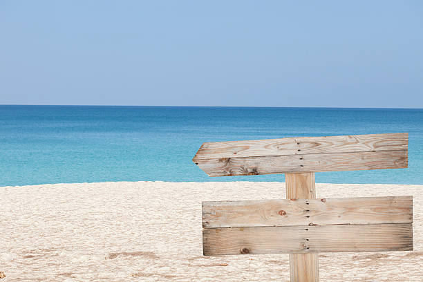 istock wooden signboard on blue sky and on tropical beach 516857076