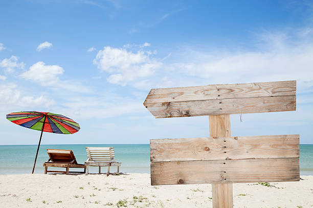 istock wooden signboard on blue sky , tropical beach for summer backgro 516857372