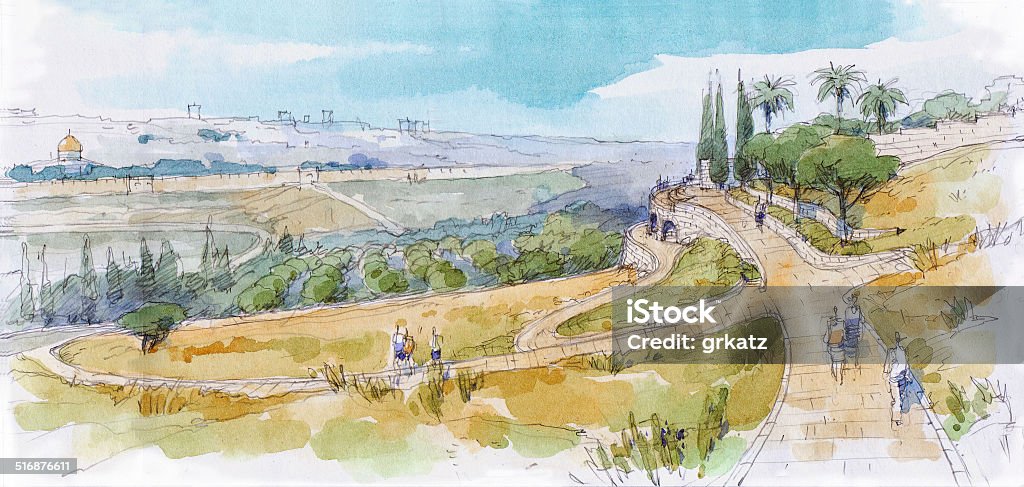 jerusalem landscape Jerusalem landscape. Watercolor Raster illustration Ancient stock illustration