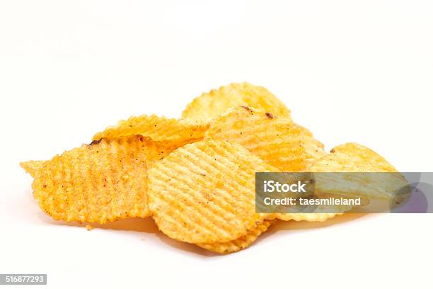 Potato Chips On White Background Stock Photo - Download Image Now - Close-up, Food, Heap