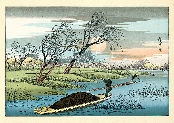 Japanese Landscape by Hiroshige Vintage Japanese art. Landscape by Utagawa Hiroshige, a Japanese ukiyo-e artist, considered the last great master of that tradition. japanese landscape stock illustrations