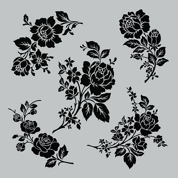 Rose motif set. Rose motif set,Flower design elements vector,flower design sketch for pattern,lace edge,flower motif black tattoo stock illustrations