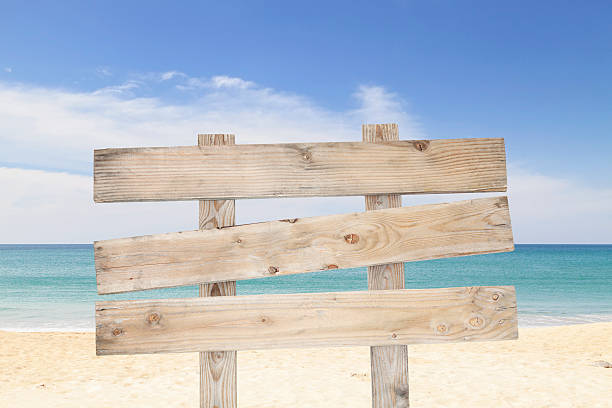 istock wooden signboard on blue sky and on tropical beach 516890702