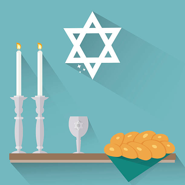 субботний свечи, чаша киддуш и хала в плоский стиль. - shabbat shalom stock illustrations