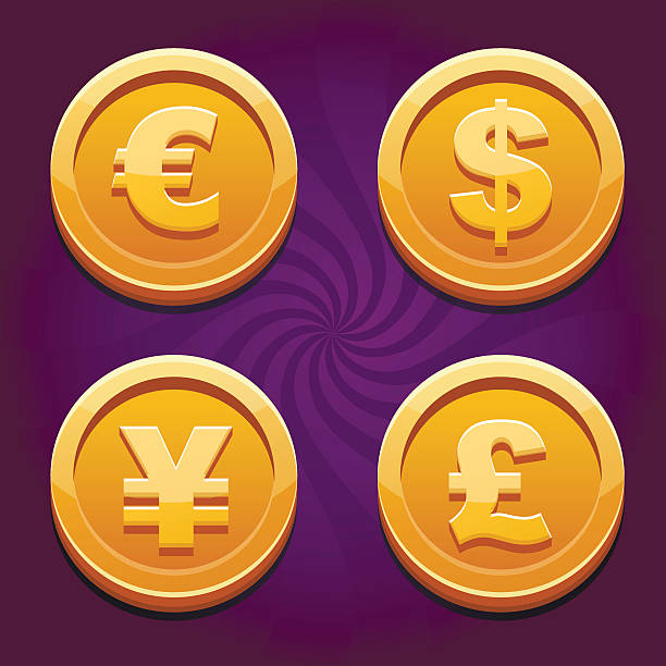 ilustraciones, imágenes clip art, dibujos animados e iconos de stock de dólar, el euro, de la libra y el yen, monedas de oro - coin euro symbol european union currency gold