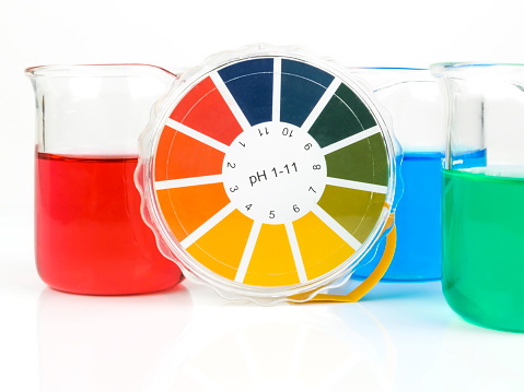 Colorful liquids in beaker glasses