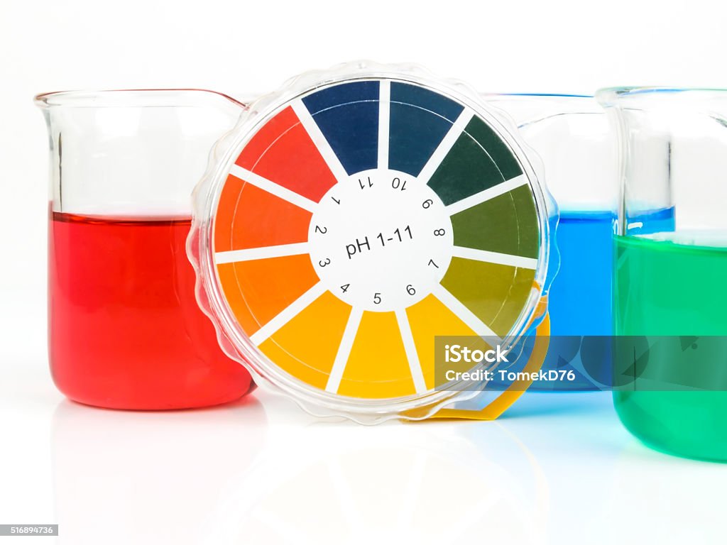 Chemistry Colorful liquids in beaker glasses pH value Stock Photo