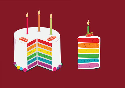 rainbow cake decorated with birthday candles