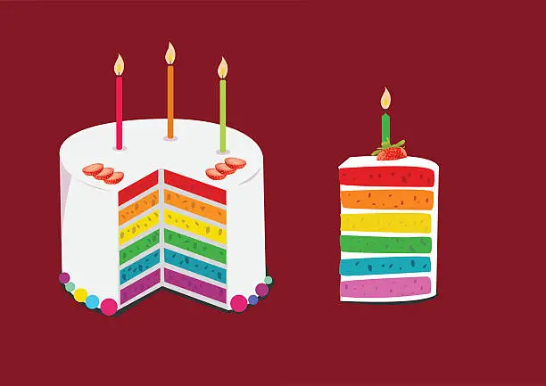 Vector illustration of rainbow cake decorated with birthday candles