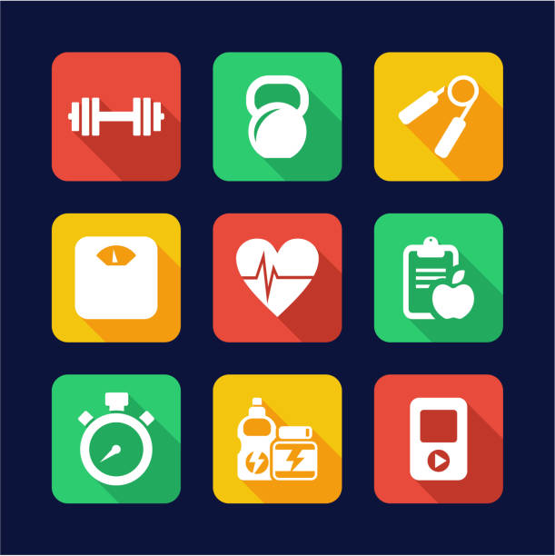 ilustrações de stock, clip art, desenhos animados e ícones de aptidão ícones plana projeto - healthy lifestyle men boxing dumbbell