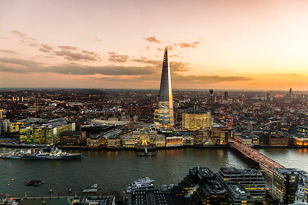 View on London at sunset, vibrant sky. stock photo