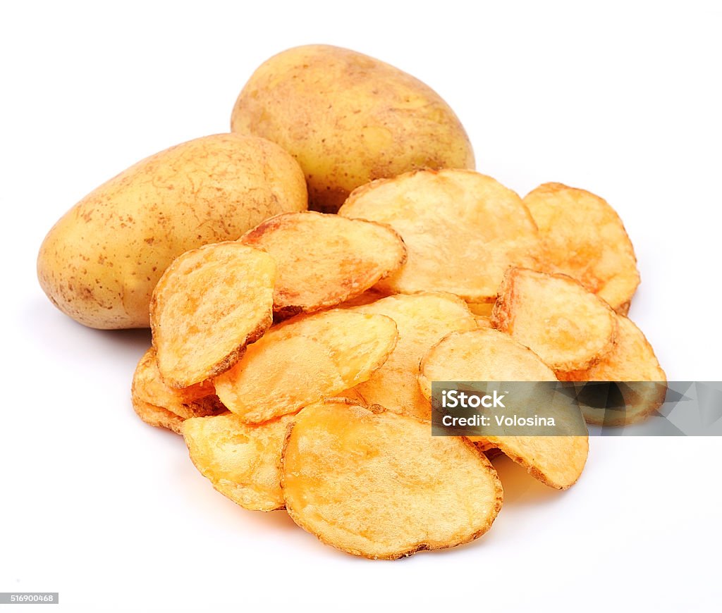 Potato chips Potato chips with potato isolated on white Homemade Stock Photo