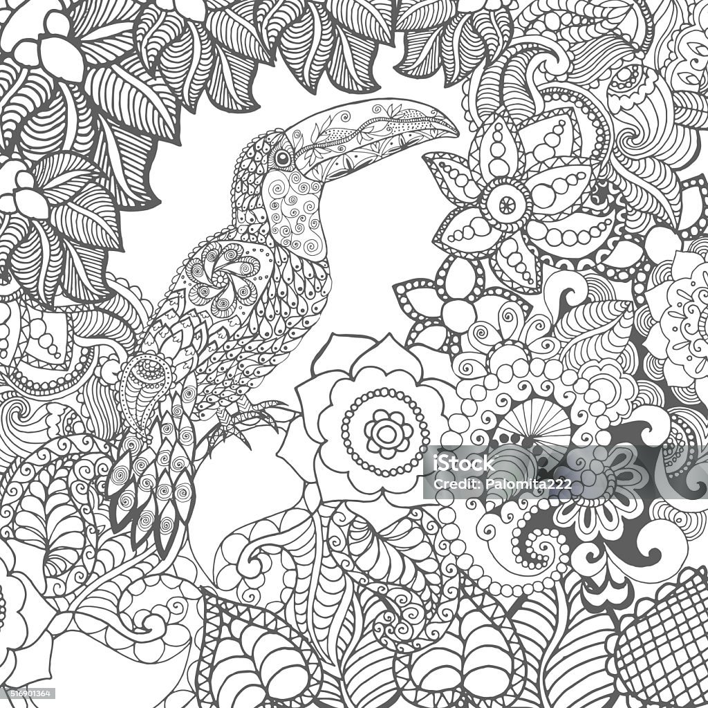 Cute toucan in fantasy flowers Animals. Hand drawn doodle. Ethnic patterned illustration. African, indian, totem tatoo design. Sketch for avatar, tattoo, poster, print or t-shirt. Abstract stock vector