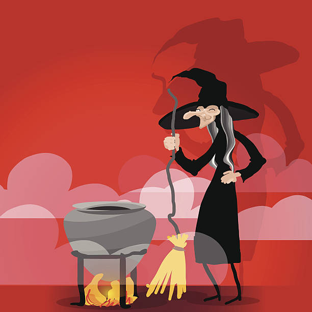 Witch cooking in cauldron in front of a red background. Witch cooking in cauldron in front of a red background. grey hair on floor stock illustrations