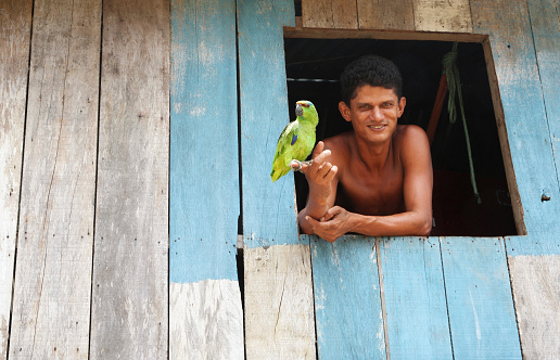 Manaus, Brazil - September 25, 2014: a young brazilian smiles from the window of his wooden house. A Mealy Parrot is perched on his finger.