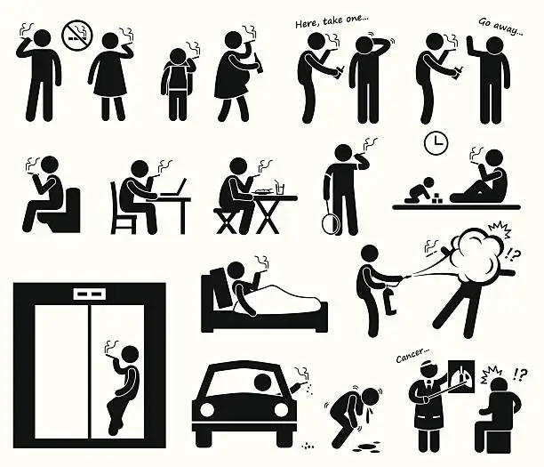 Vector illustration of Smokers Smoking Stick Figure Pictogram Icons