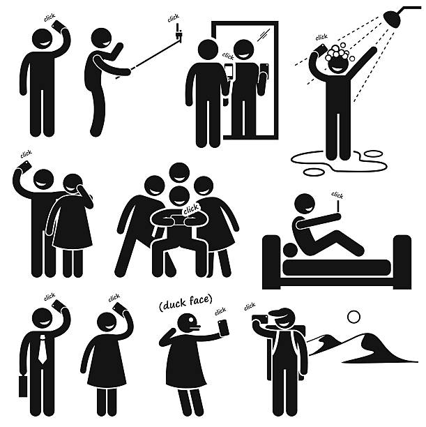 illustrations, cliparts, dessins animés et icônes de selfie stick figure pictogram icônes - reflection businessman business telephone